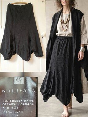 KALIANA Black Linen Blend Skirt Lagenlook Asymmetrical Hem Witchy Goth